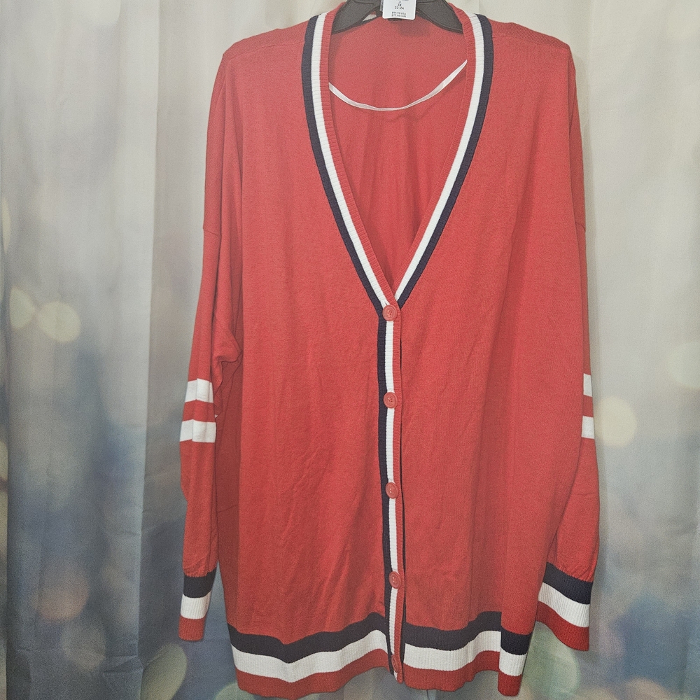 Torrid Red Button-Up Cardigan, Light with Blue and White Contrasting Stripes 3x